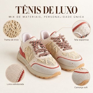 Tênis Feminino Esportivo com Mix de Materiais, Trama de Tricô, Tela, Lona e Camurça Soft, Moderno e Versátil