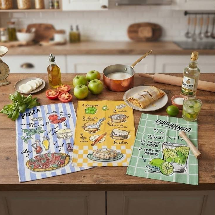 Kit 3 Panos de Prato Atoalhado Dohler 45x65cm, Guardanapo Cozinha/Copa, Estampados, 100% Algodão,