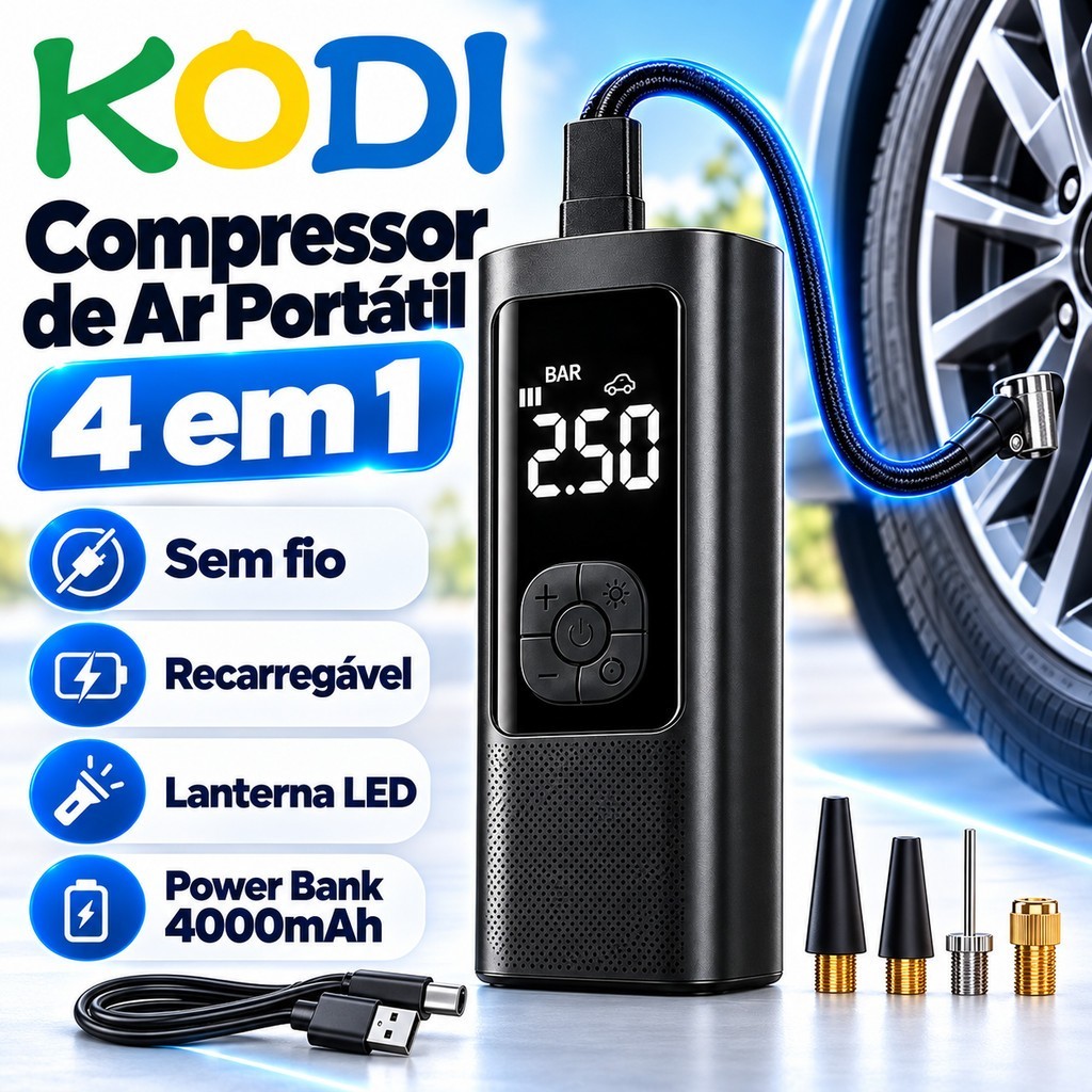 Compressor de Ar Portátil, Rápido e Preciso para Pneus de Carro, Moto e Bike -M6