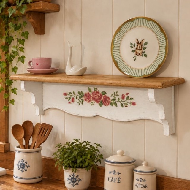 Prateleira de Parede de Madeira Rústica com Estampa Floral para Cozinha e Sala