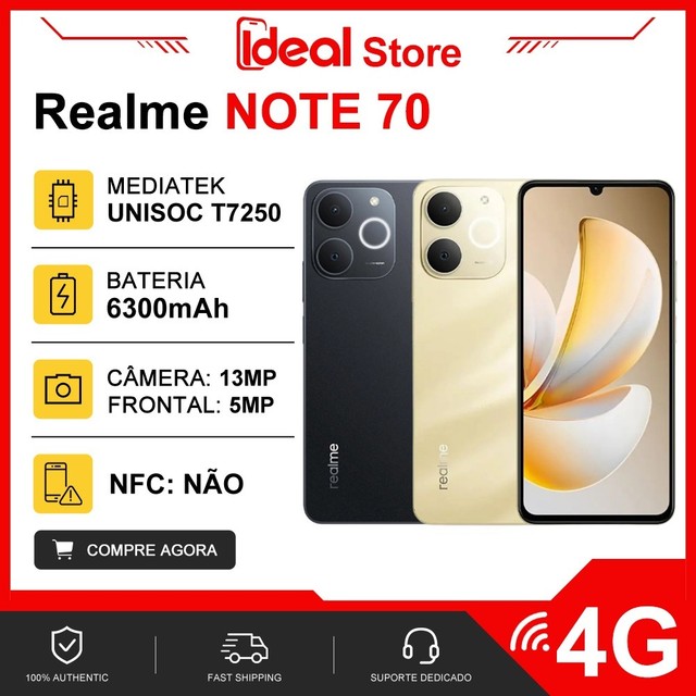 Realme Note 70 4G Processador Unisoc T7250, Versão Global, 128GB - 256GB + 4 - 8GB RAM, Versão Global