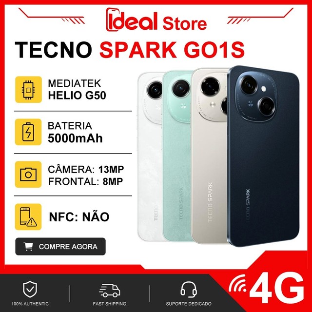 Tecno Spark Go 1S 4G, VERSÃO GLOBAL, 64GB + 3GB RAM, e Spark Go 1, Bateria 5000MAH, Processador Mediatek Hélio G50