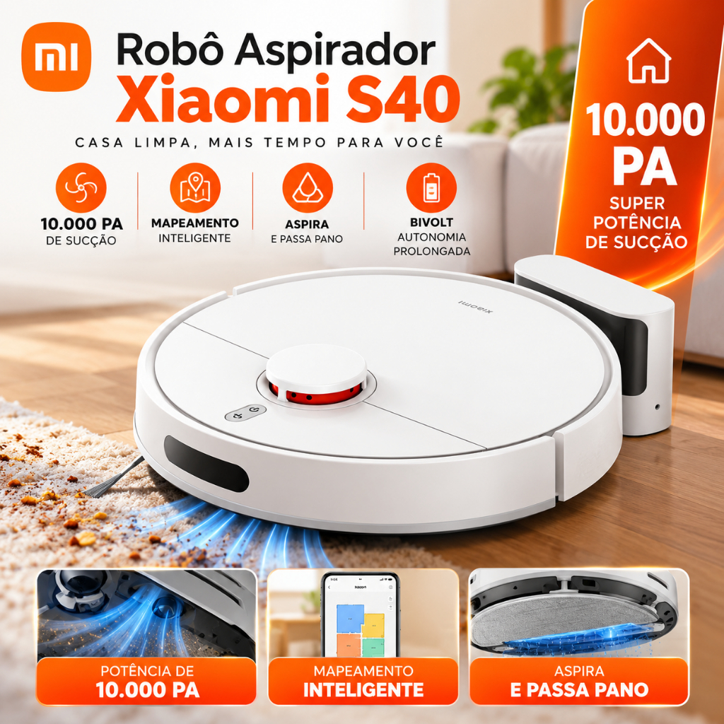 Robô Aspirador Xiaomi S40 Bivolt 10000Pa | Mapeamento Laser LDS