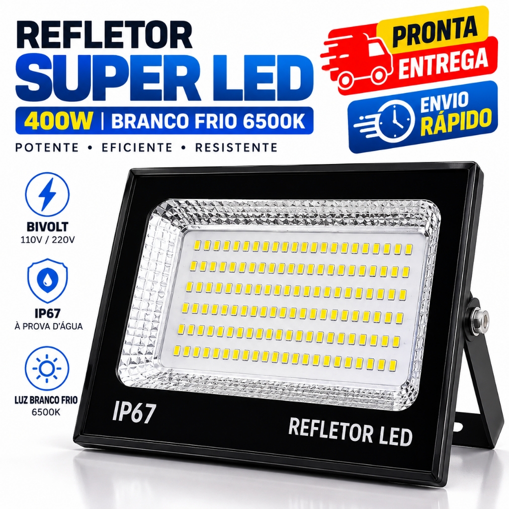 💡Refletor Super LED 400W IP67 Holofote Bivolt Branco Frio 6500K Prova D'Água