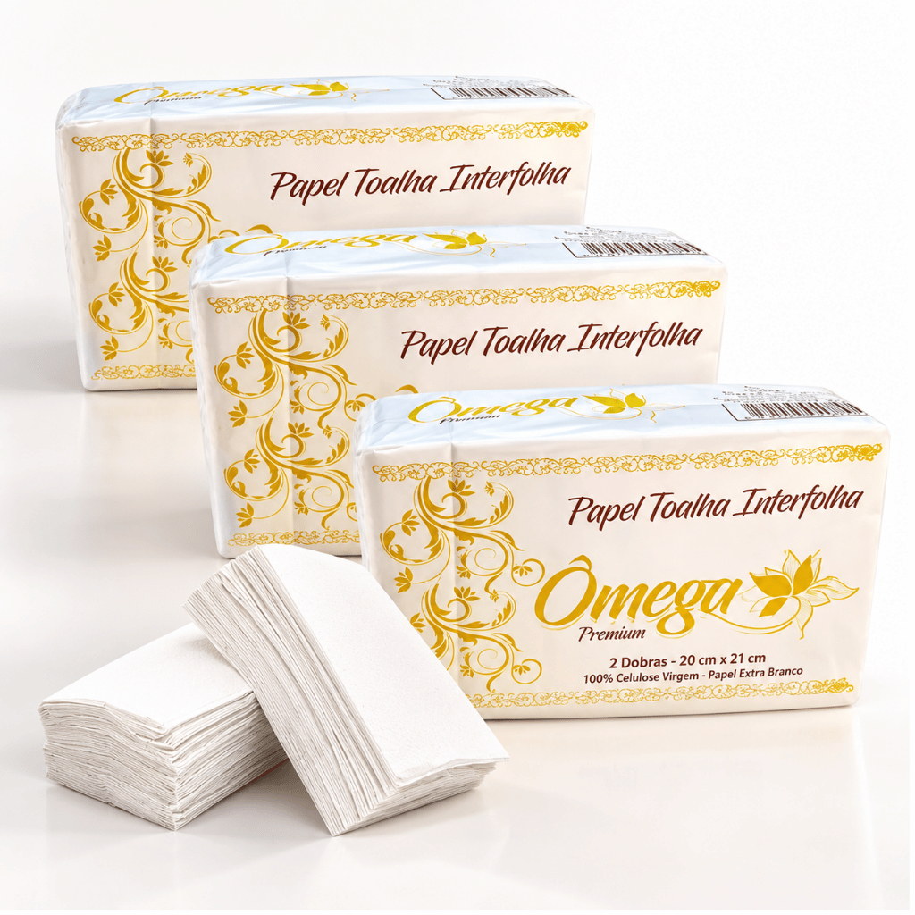 Kit 3 Pacotes Papel Toalha Omega Premium Grande 100% interfolha Duas Dobras Super Oferta Hotel Bar