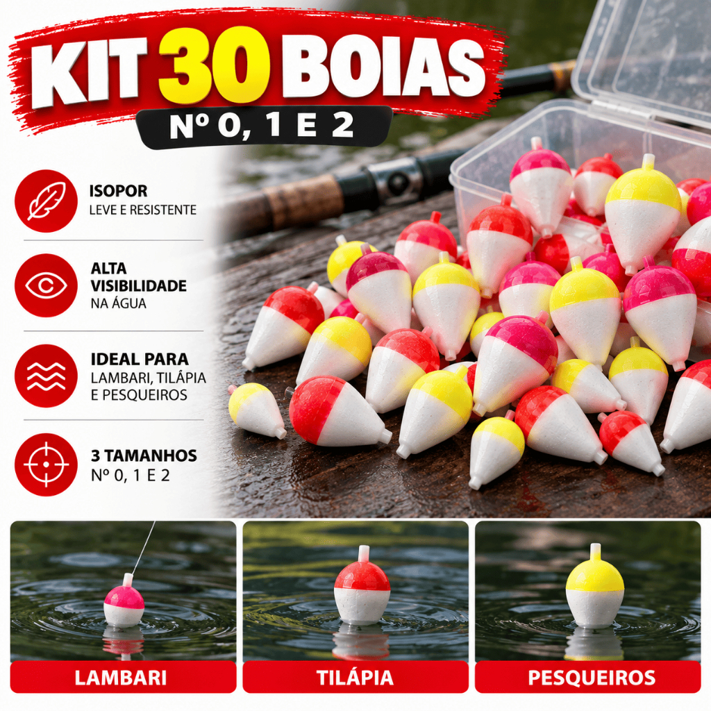 Boia de Pesca Isopor | 30un | Kit Pescaria | Nº0, Nº1 e Nº2 | Boias Lambari Pesqueiro Tilápia Pescar — imagem 2 de 2