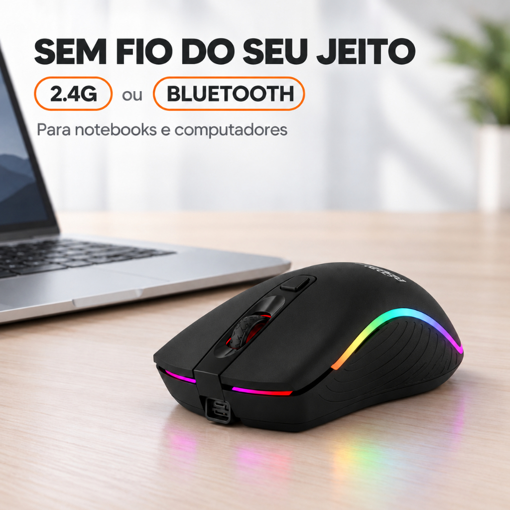 Mouse Sem Fio Gamer Recarregável Bluetooth 2.4G LED RGB Silencioso Ergonômico No