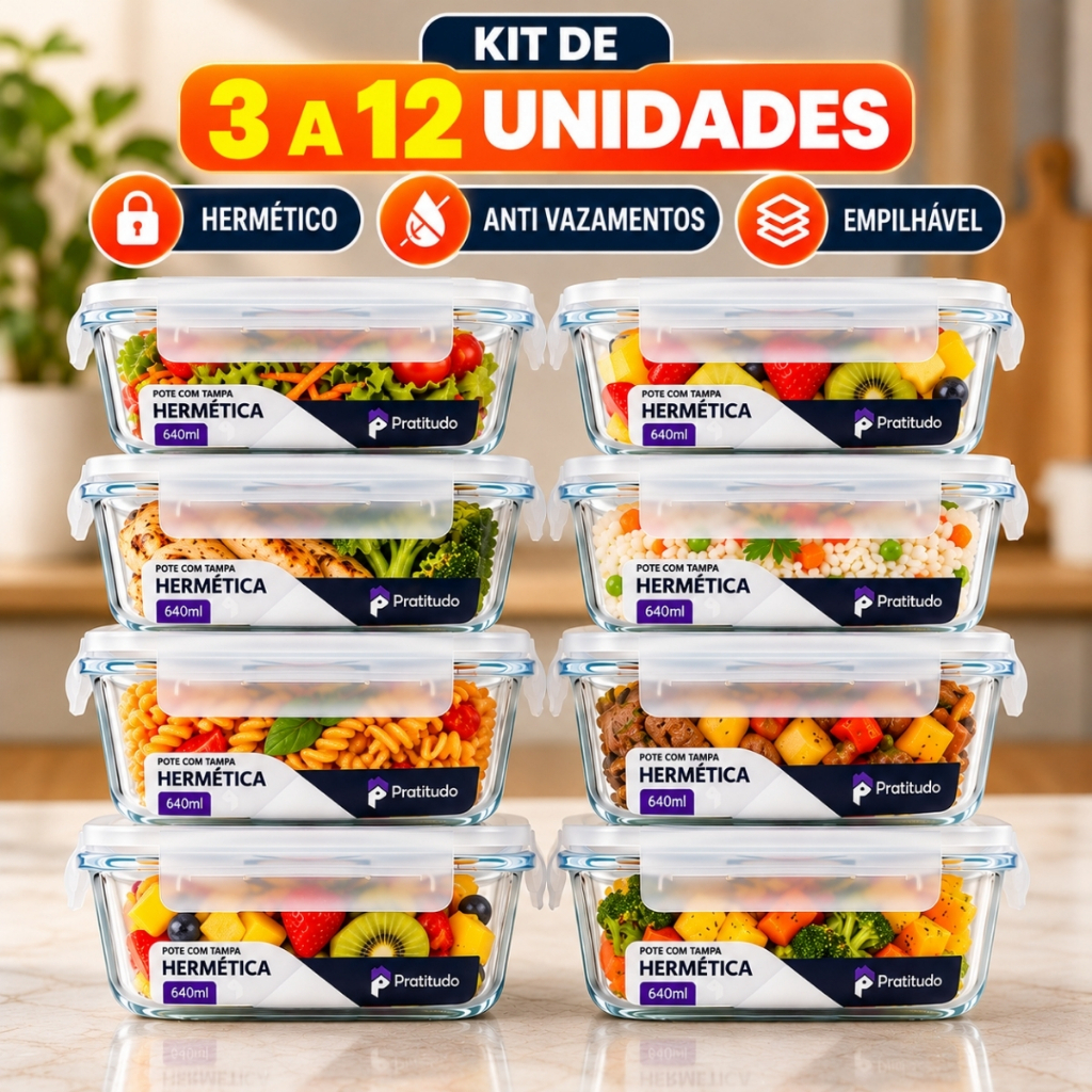 Imagem Kit de 3 até 12 Pote de Vidro hermético com tampa antivazamento 370 ml, 640, 1040 ml Marmita Papinha