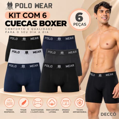 Kit 6 Cuecas Boxer Masculinas Polo Wear Microfibra Sem Costura Lisa Respirável Confortável