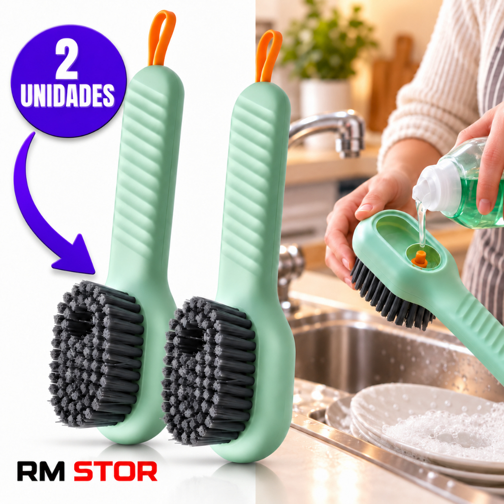 kit 2 Escovas Multiuso C/Dispenser Reservatorio P/Detergente Sabão Escovinha com Cabo Para Limpeza