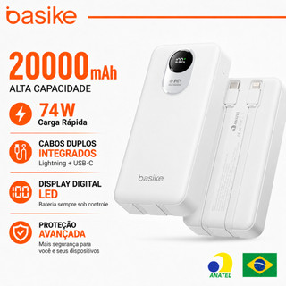 Basike 20000mAh Power Bank Carregador Portátil com Cabo Lightning Integrado Display LED USB-C Carga Rápida