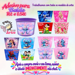 Adesivos para balde de Pipoca de 1Litro e 1,5 litros 13,8x10 S/RECORTE (Envio Rápido)Todos os temas
