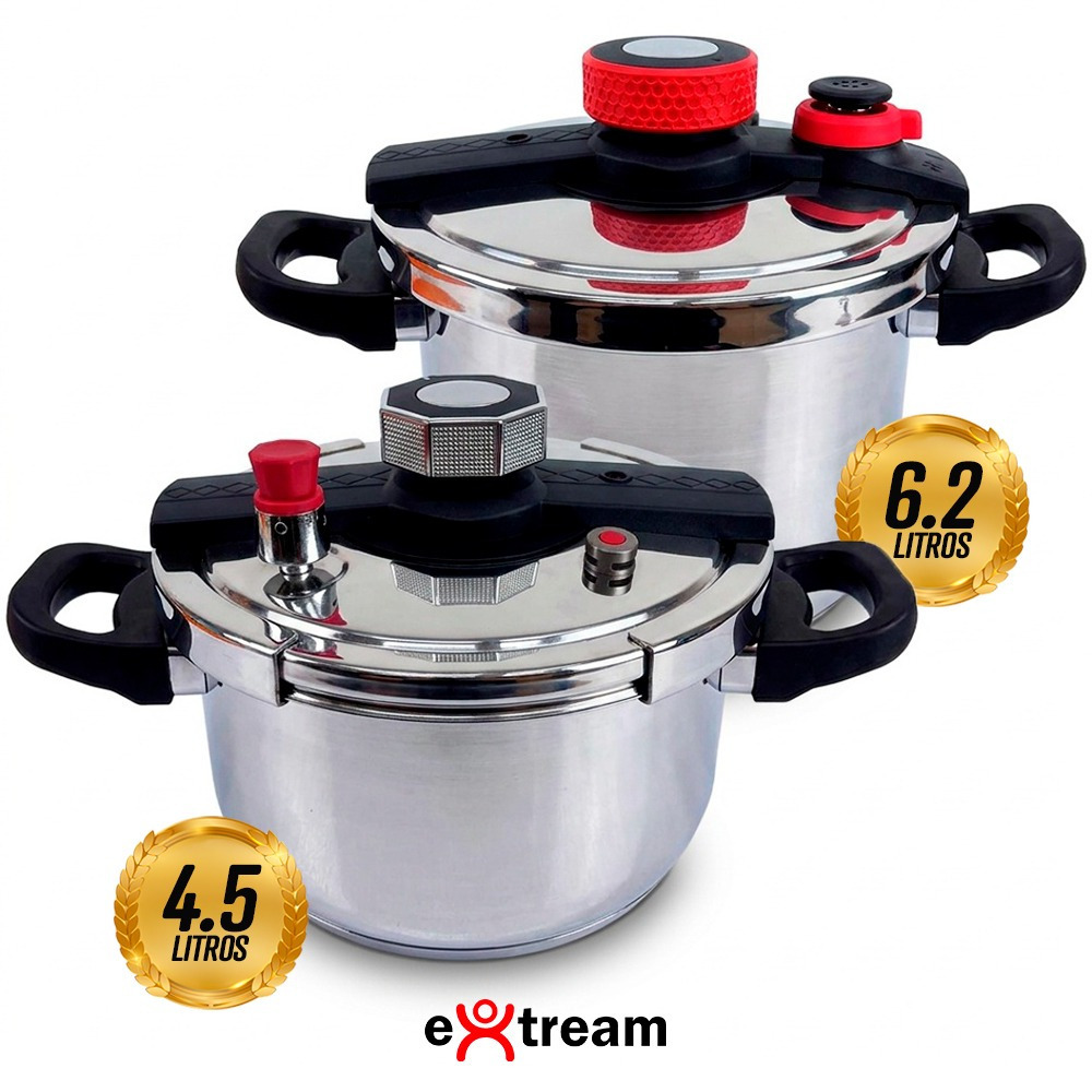 Imagem Panela de Pressão Aço Inox Fundo Triplo SecureLock Pro Extream Indução e Gás - 4,5L 6,2L 8L Fechamento Externo