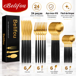 Belifou Kit 24 Jogo De Talheres Aço Inoxidável Preto Dourado