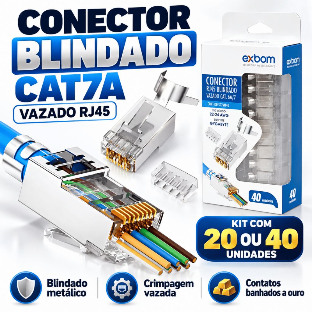 Kit 20 A 40 Conectores RJ45 Blindado EZ Crimp Vazado Cat7 Cat6a Cat6 Alta Performance Proteção EMI Antirruído Para Redes