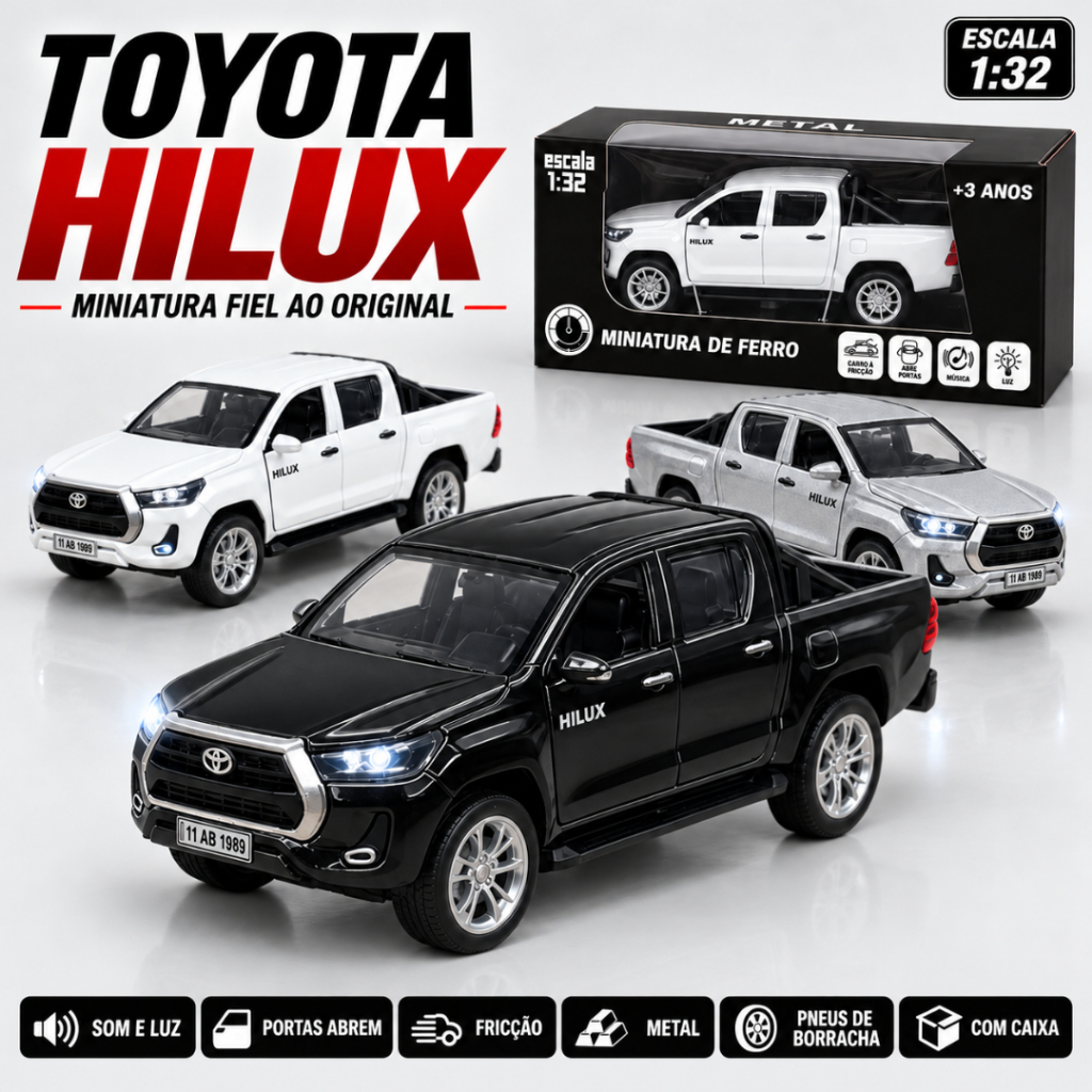 Miniatura Hilux escala 1/32 Painel Luz e Som Toyota Carro Carrinho Colecionadores Metal