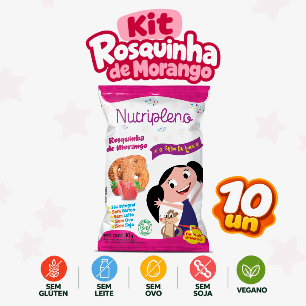 Kit 10 Rosquinhas de Morango Show da Luna 30g Sem Glúten Leite Ovo