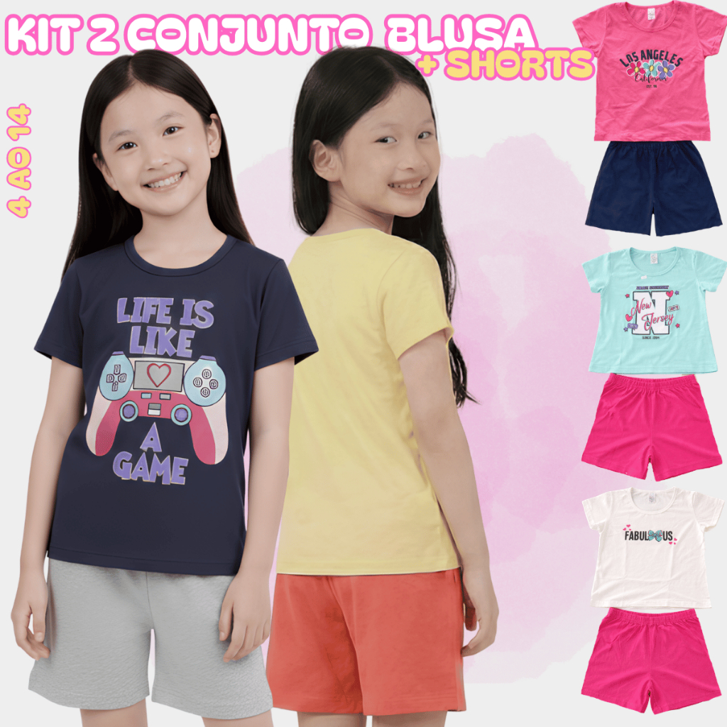 Kit 2 Conjunto Infantil Blusa Shorts Menina Estampas Verão Manguinha Personagem 100% Algodão Fresco