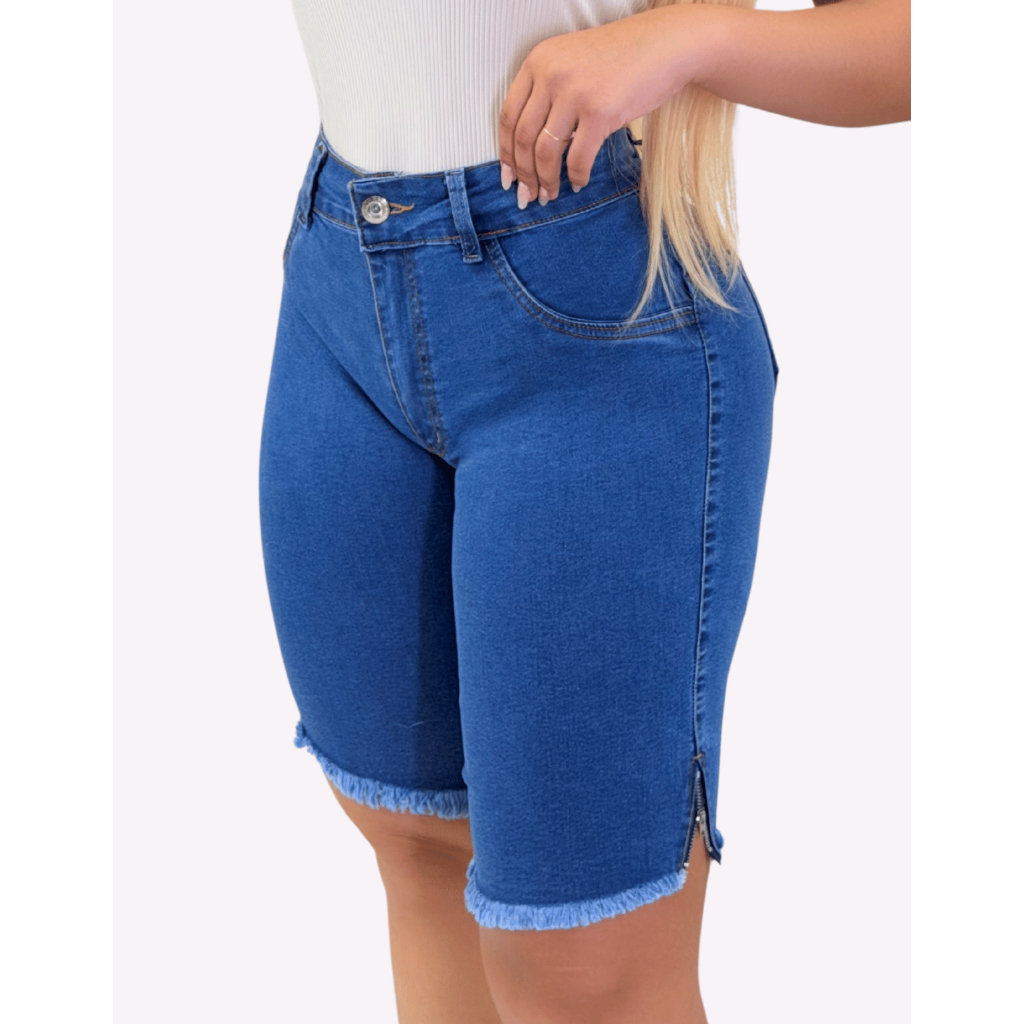 Short Jeans Feminino Barra Desfiada Com Lycra Pedal Shorts Elastano Cós Alto Mom Hot Cintura Alta em Oferta na Shopee