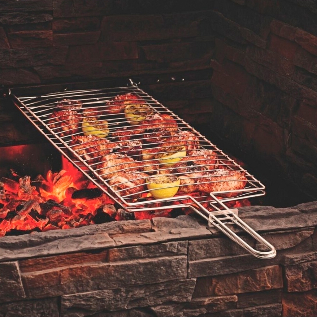 Grelha Dupla 73cm Para Churrasqueira Abre Fecha Aço Anticorrosão Peixe Frango Linguiça Churrasqueira
