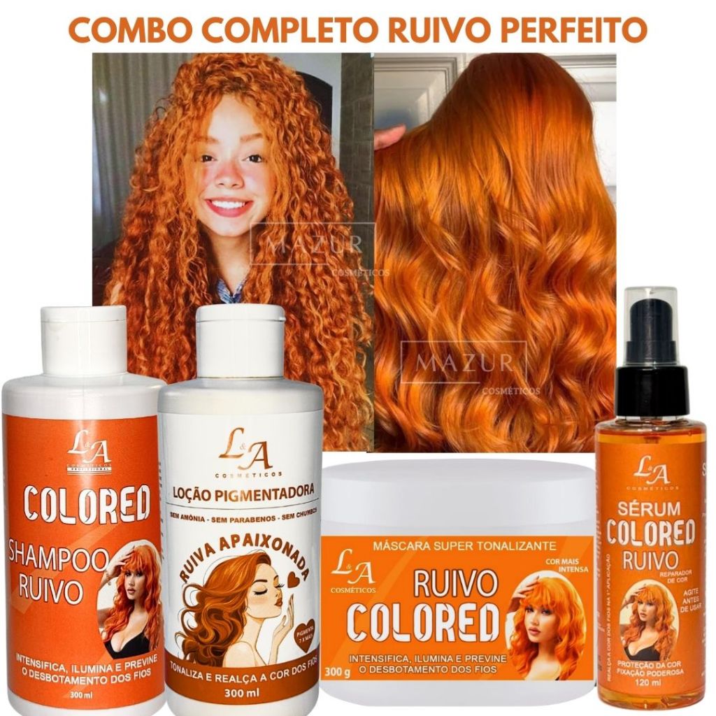 Combo Completo Tonalizante Ruivo Intenso Raposinha 4 em 1 Shampoo Condicionador Máscara Sérum Ruiva