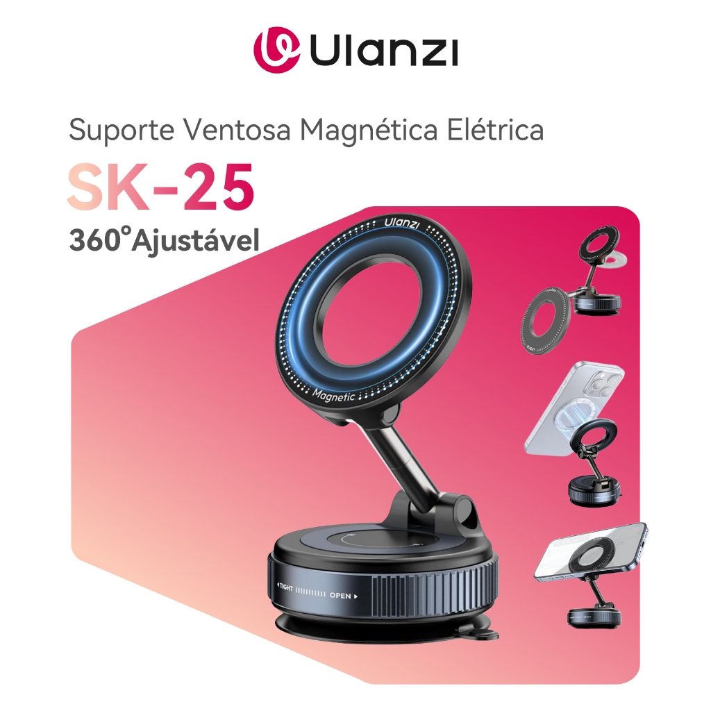 ULANZI SK-25 Suporte Magnetico para Celular, Ventosa Magnética com Ventosa a Vácuo, Suporte Magnético Ajustável em 360°