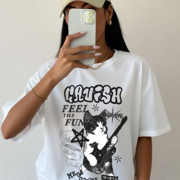 Camiseta Camisa Feminina 100% Algodão Blusa Feminina Estampada Estilosa Lançamento Y2K Gato Cat