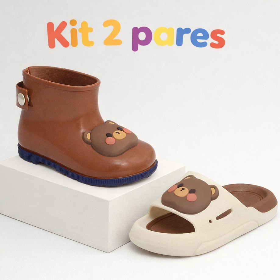 Kit 2 Pares bota Galocha e Chinelo Slide infantil menino masculino urso 3D macio lançamento