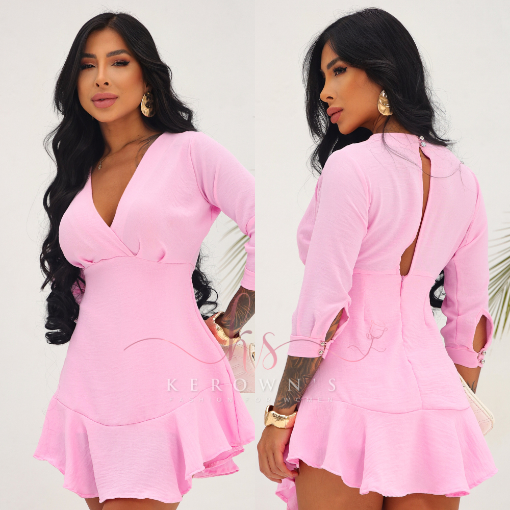Macaquinho Grazy Curto Babados manga 3/4 com zíper e botões tipo vestido