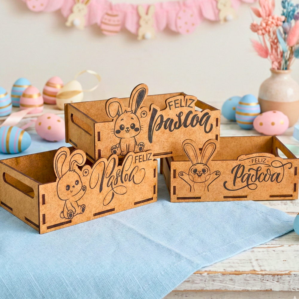 Cesta Bandeja Páscoa MDF Impressão 15x10x5cm Lembrancinha Presente Bombom Feliz Páscoa Kit