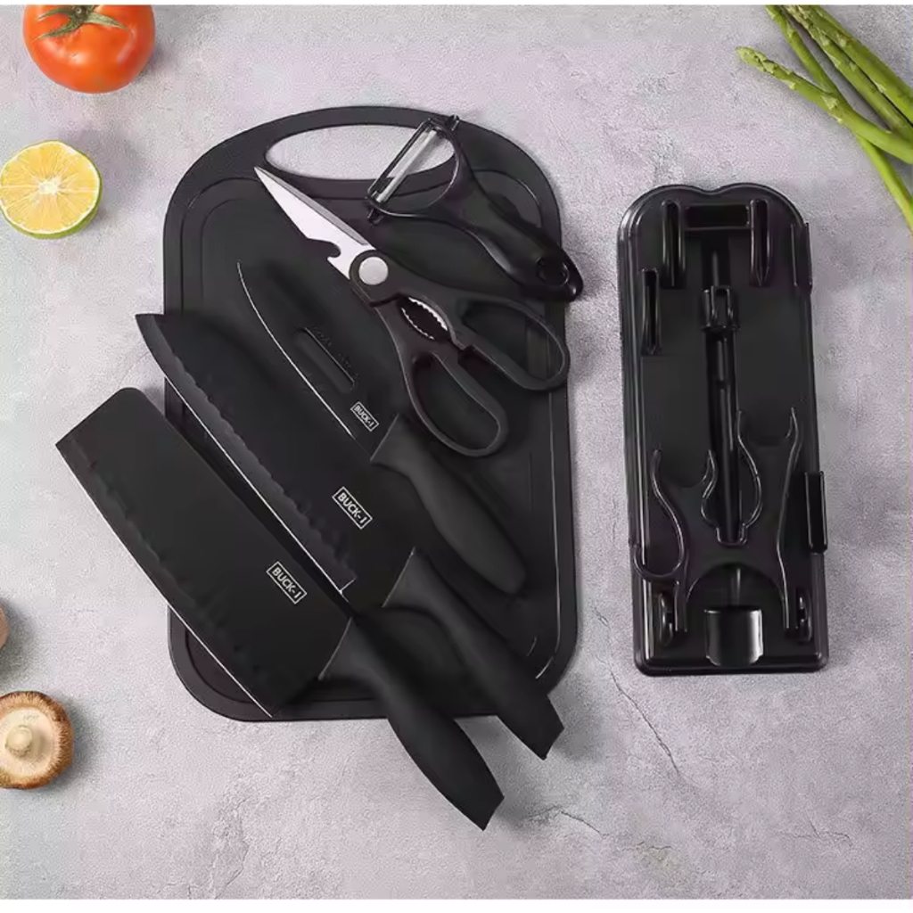 Kit 7 Facas de Cozinha Inox Preto Premium | Com Suporte e Tábua - Cabos Ergonômicos e Acessórios Completos em Oferta na Shopee