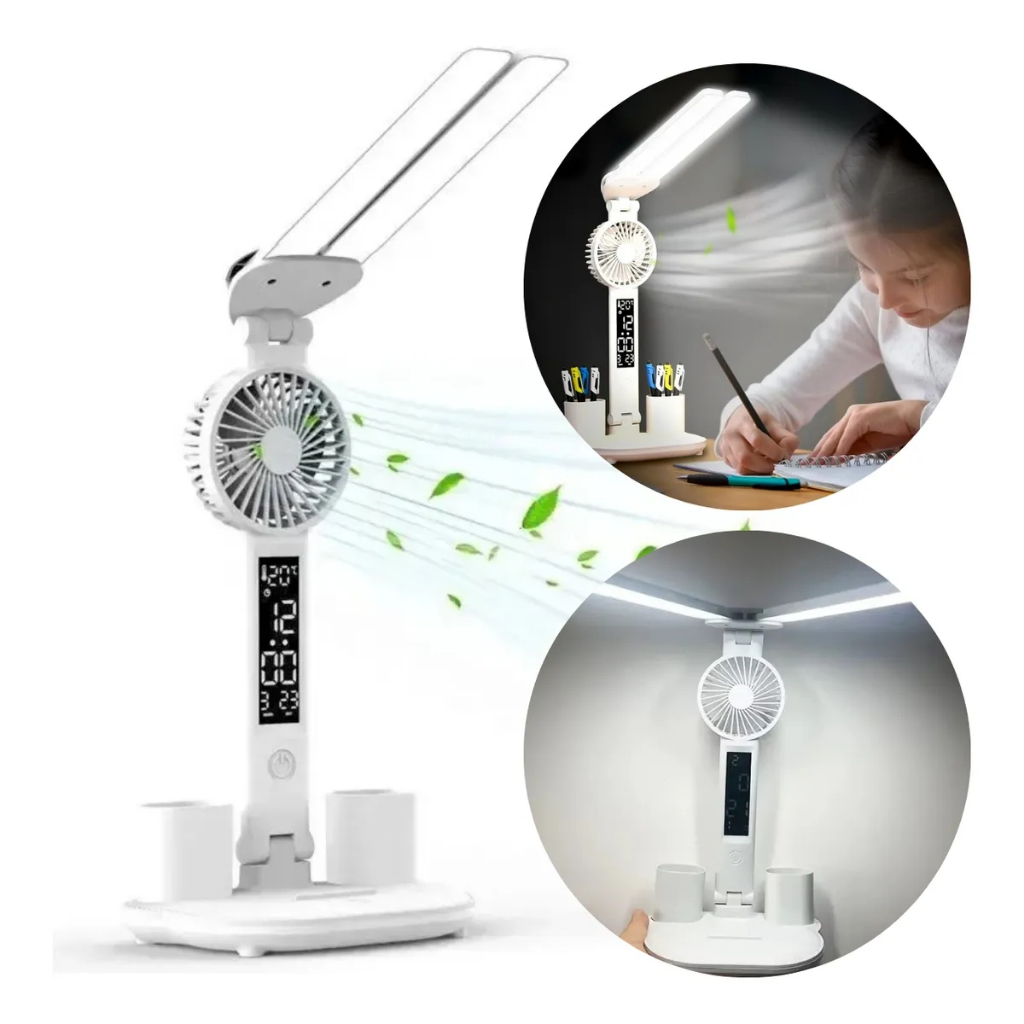 Luminária De Mesa Articulável Com Ventilador LED 3 Cores Touch Bateria 2600mAh ON-LM301