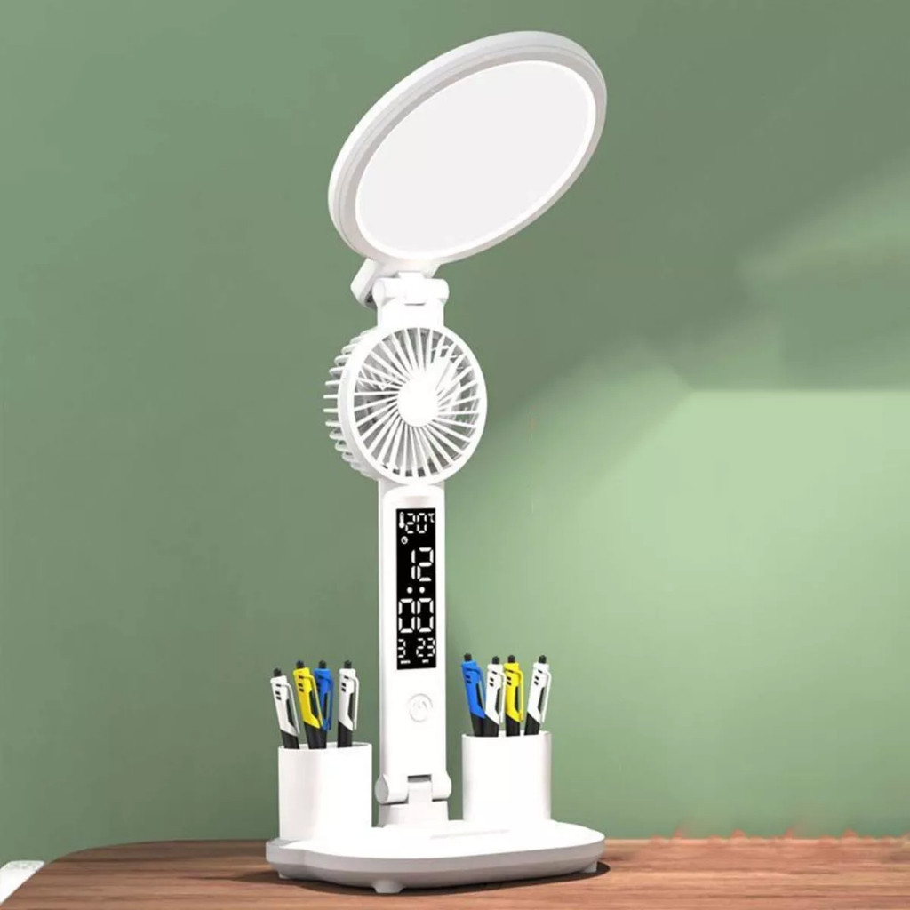 Luminária de Mesa LED com Ventilador e Relógio Touch 3 Níveis Branca 30cm Modelo ON-LM302