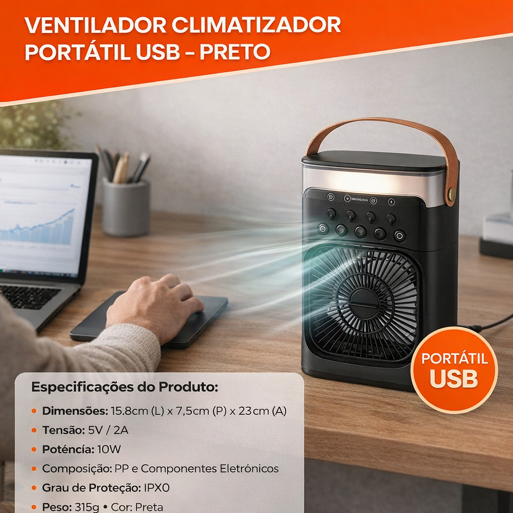Mini Ar Condicionado Portátil USB Climatizador Umidificador Ventilador LED Quarto Escritório Mesa