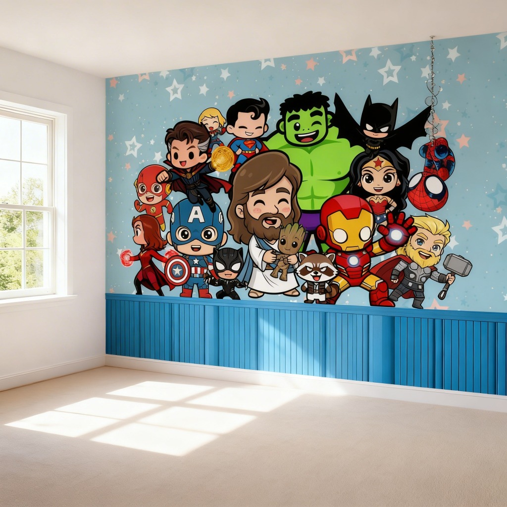 Papel de Parede Jesus e Super Heróis Infantil Religioso PAREDE TODA