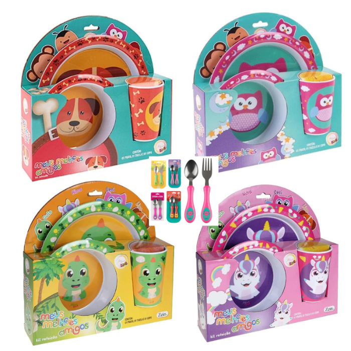 Kit Refeição Infantil 5 Peças com Talheres Prato Tigela Copo Colher e Garfo Unicórnio ou Dinossauro