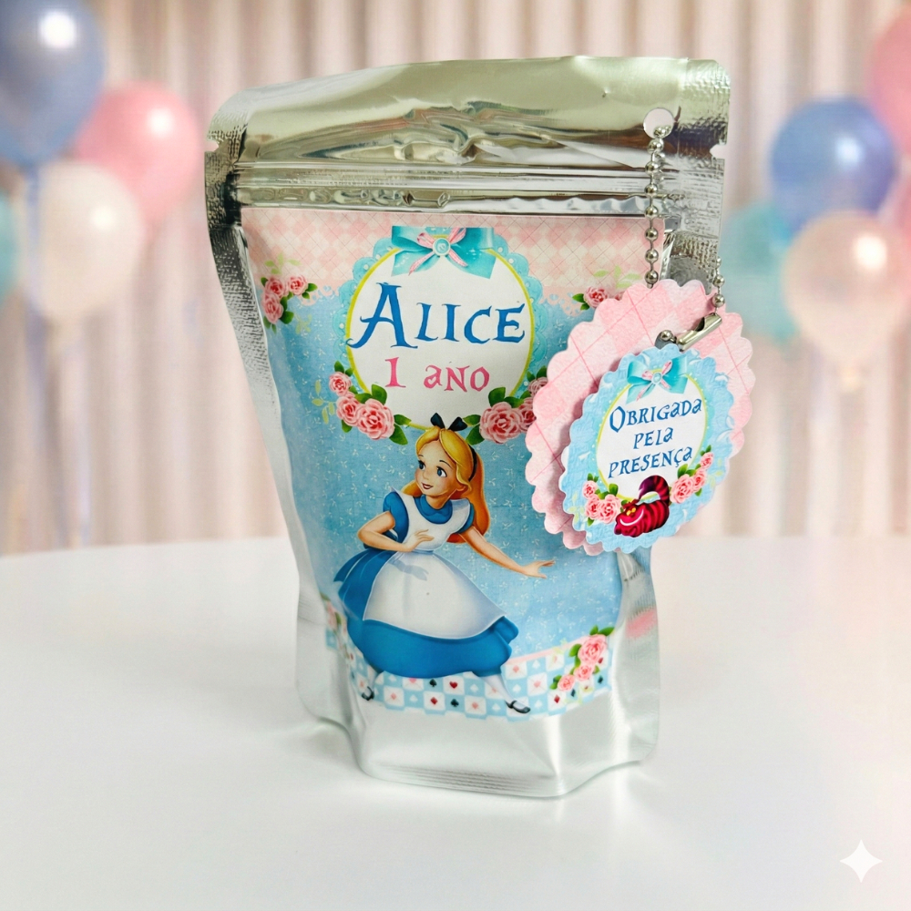 Saquinho Metalizado Ziplock Alice País das Maravilhas Personalizada /Lembrancinha/Festa /Aniversário