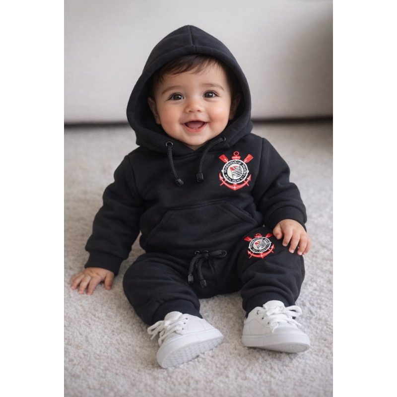 Conjunto   de moletom Infantil   Timão  Alvinegro     Corinthians, Blusa + Calça                                       .