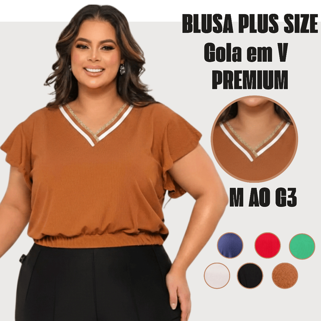 Blusa Cropped Plus Size Canelada Gola V Premium em Oferta na Shopee