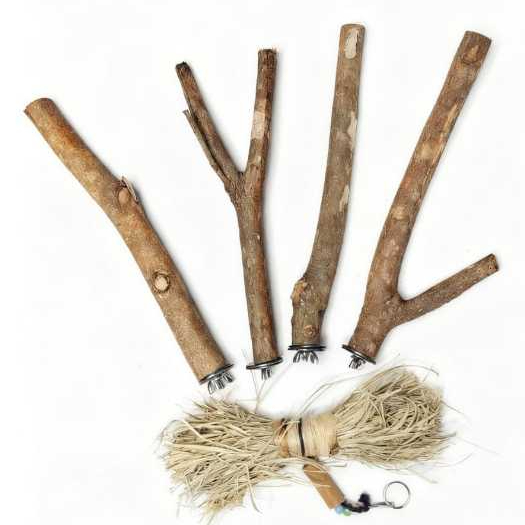 Kit Poleiros Pássaros Pet com Galho Natural + Pendulo de Feno Natural S/ Química Natural  Galho Natural  Calopsitas Aves