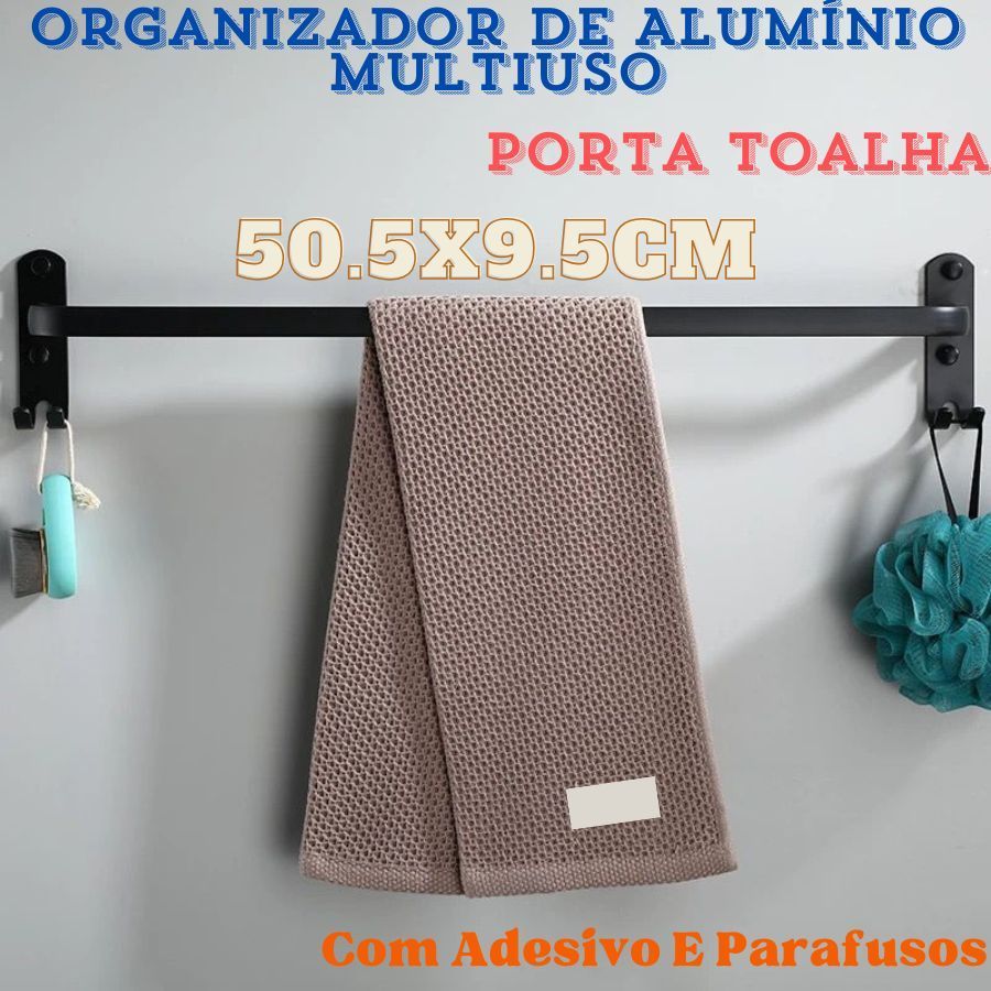 Organizador De Alumínio Multiuso50.5x9.5 Porta Toalha Suporte Toalheiro Banheiro Preto Com Adesivo