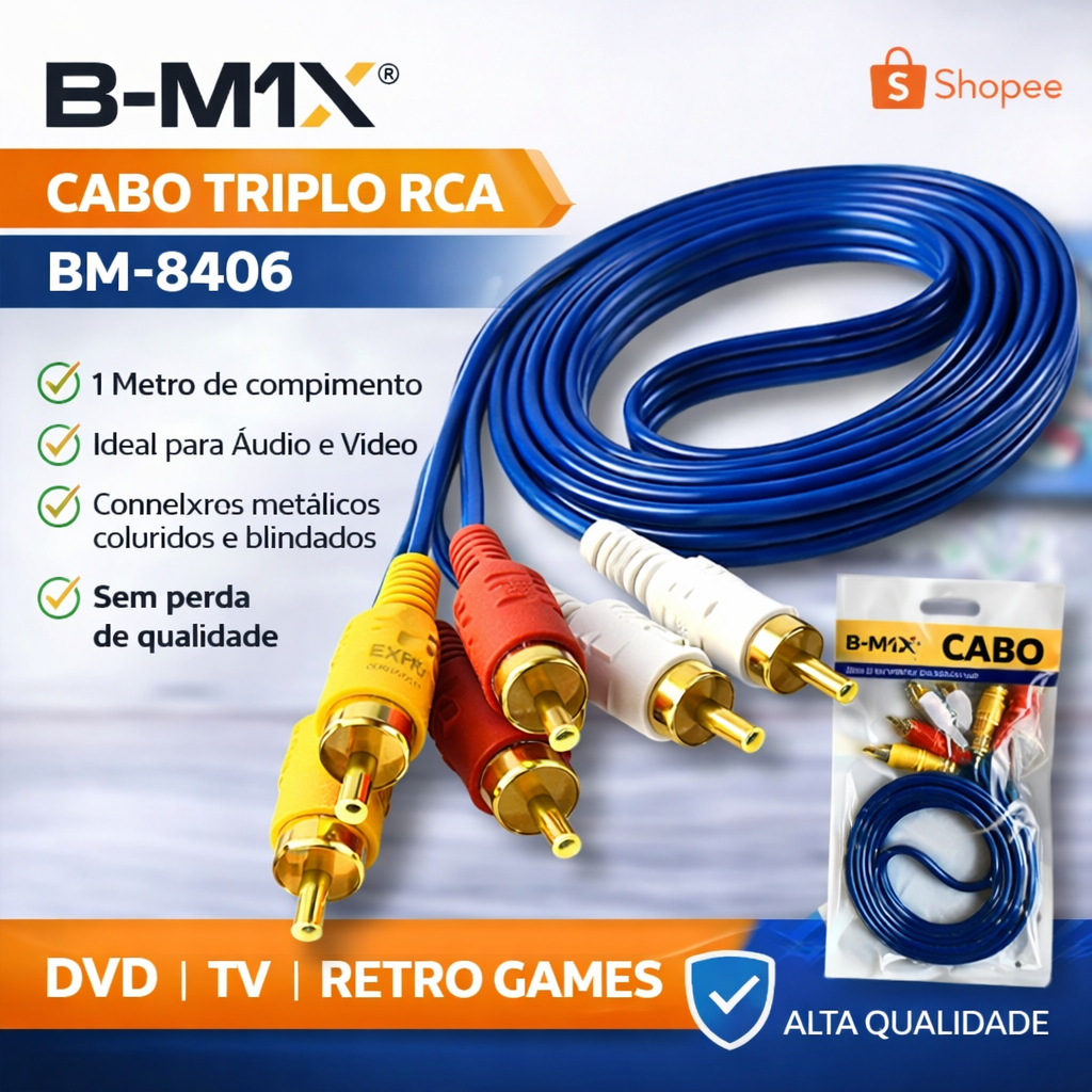 Cabo RCA Triplo Áudio e Vídeo 3x3 B-MIX BM-8406 1,5  Metro DVD TV Retro Gamer AV PS2 Xbox VHS