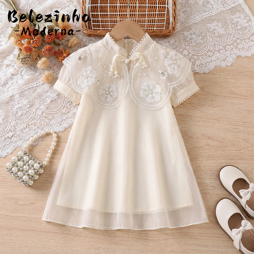 【Belezinha Moderna】Vestido feminino de alta qualidade, com flores bordadas com pérolas, gola de pérolas, cor off-white