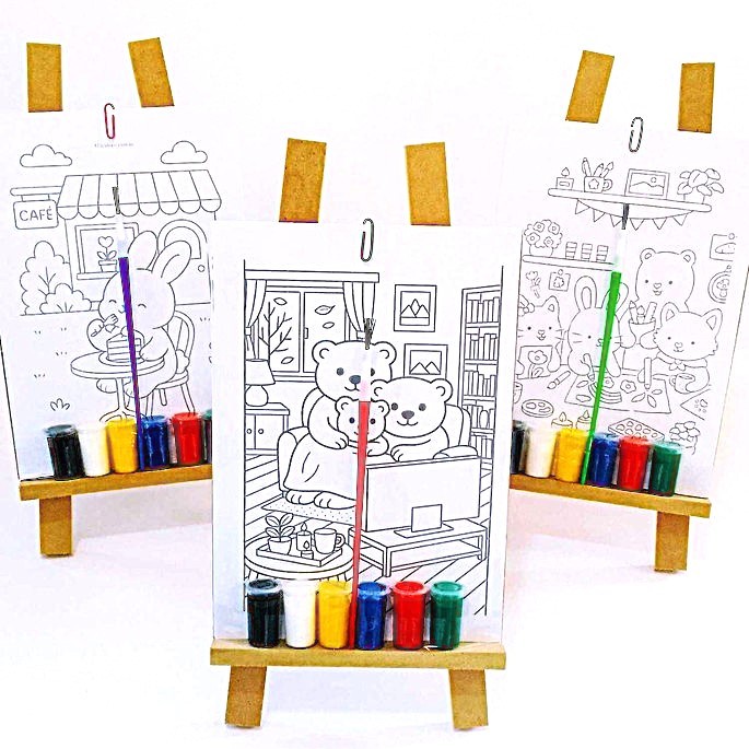 Kit de Pintura c/ 6 Desenhos Bob Guds no Cavalete c/ Prancheta A5, 6 Guaches 1 Pincel - Presente