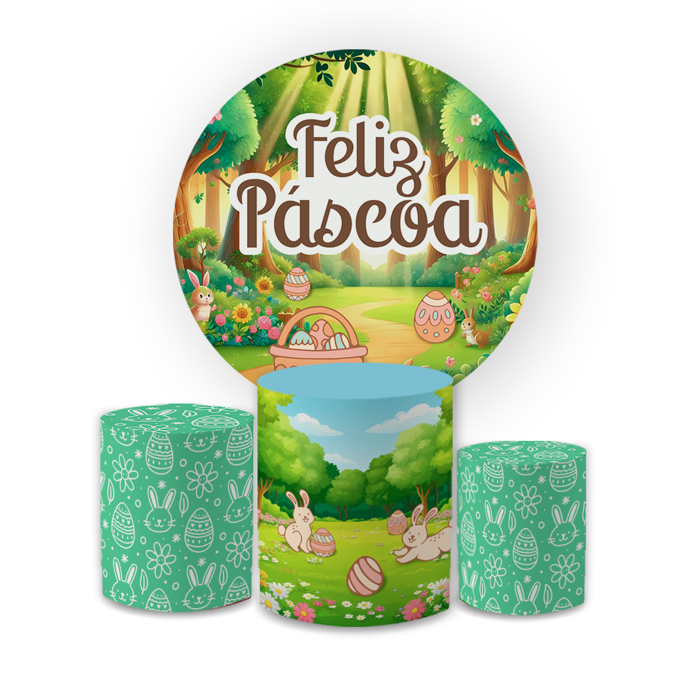 Kit Decorativo Bibi Paineis Capas 1,5 + Cilindros Tema Feliz Páscoa Coelhinhos
