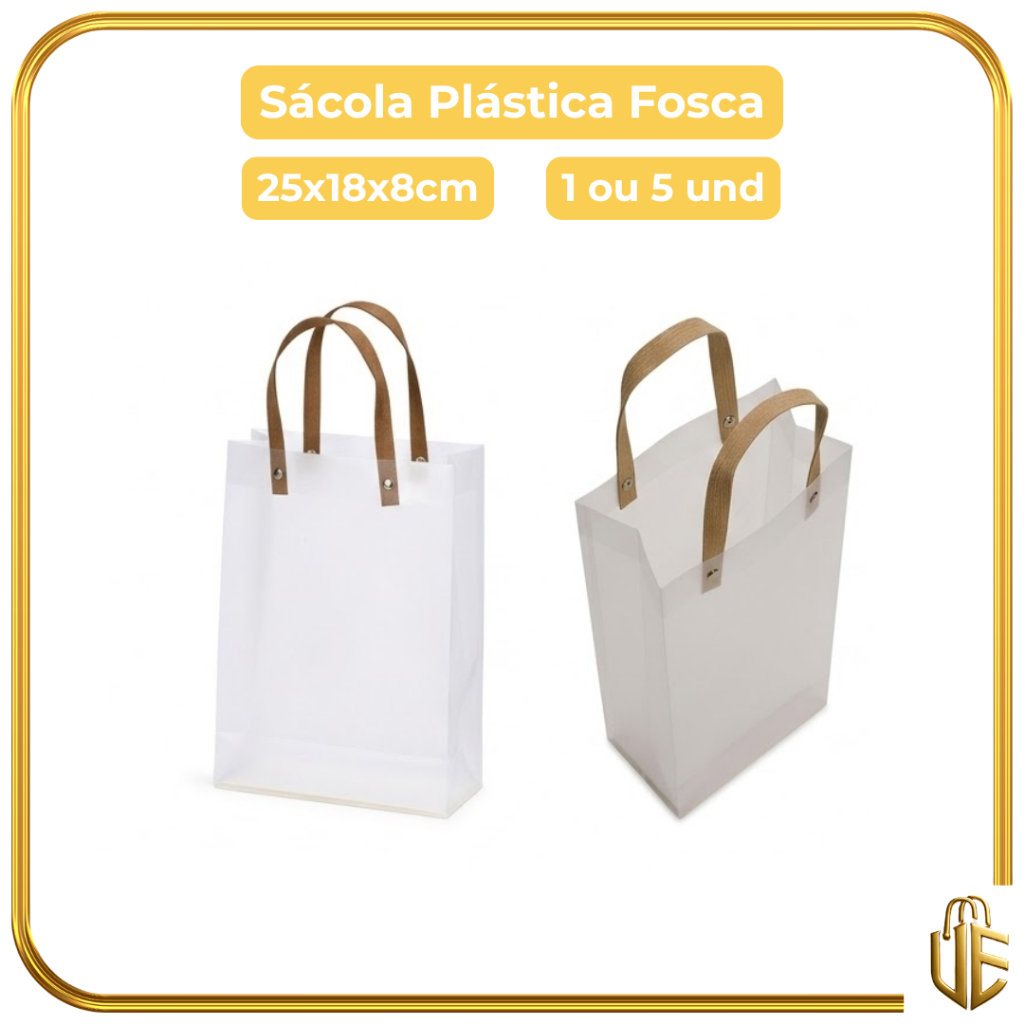 Sacola Plástica Retangular Fosca 25x18x8cm Alça Papelão Botão Metálico Premium
