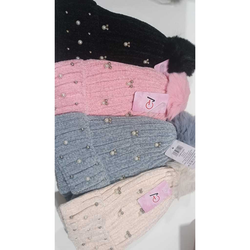 Touca Gorro  com Pérolas e PomPom Peluciado Forrada Feminina Inverno Luxo Quentinha Forrada TOUCA.FORRO.PEROLA