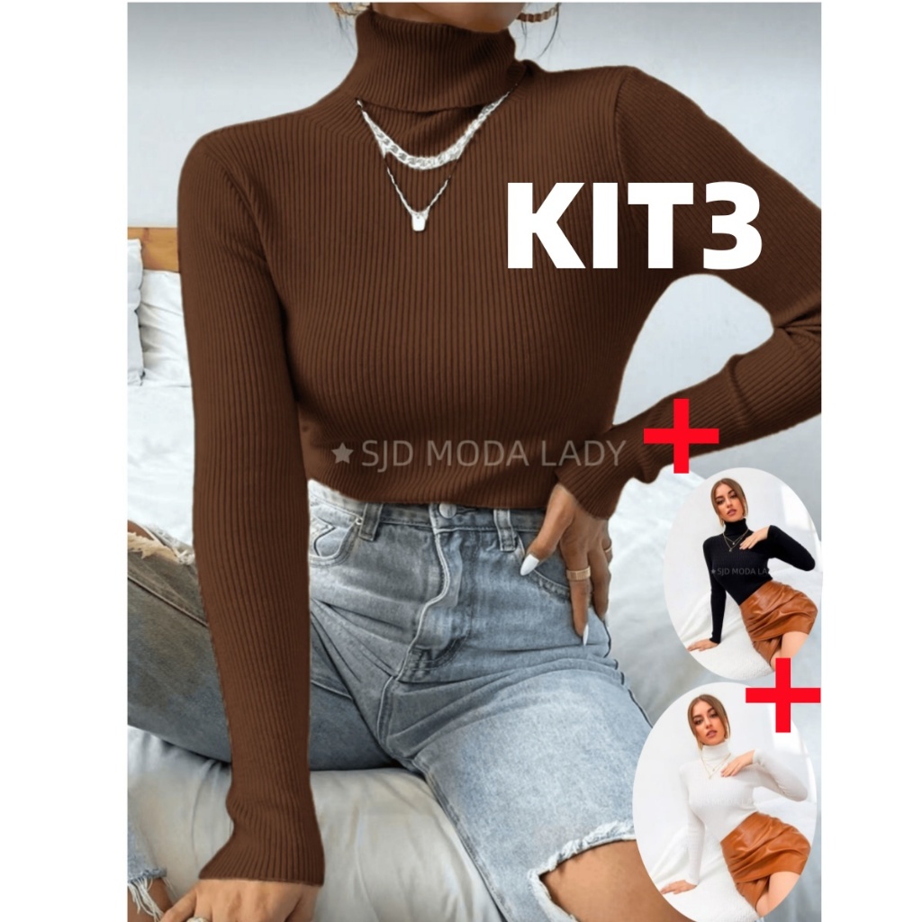 SJD MODA LADY KIT 3 bulsa trico feminina canelada algodao com manga longa,camisetas gola alta forradas termicamente