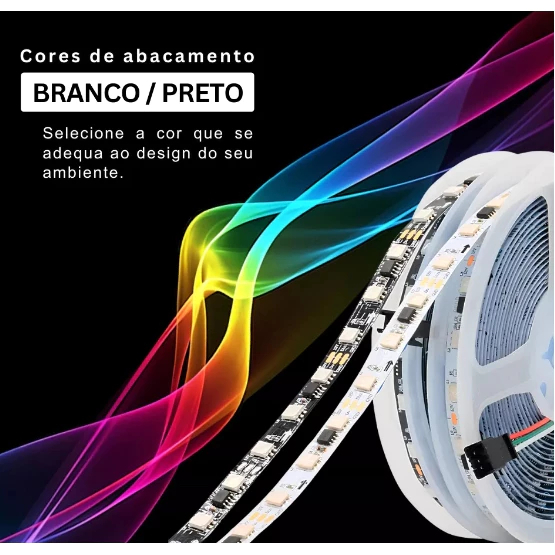 Fita Led Ws2811 5m Endereçavel 30Leds/m-60Leds/m Preto na parte inferior IP20+ Controlador de musica
