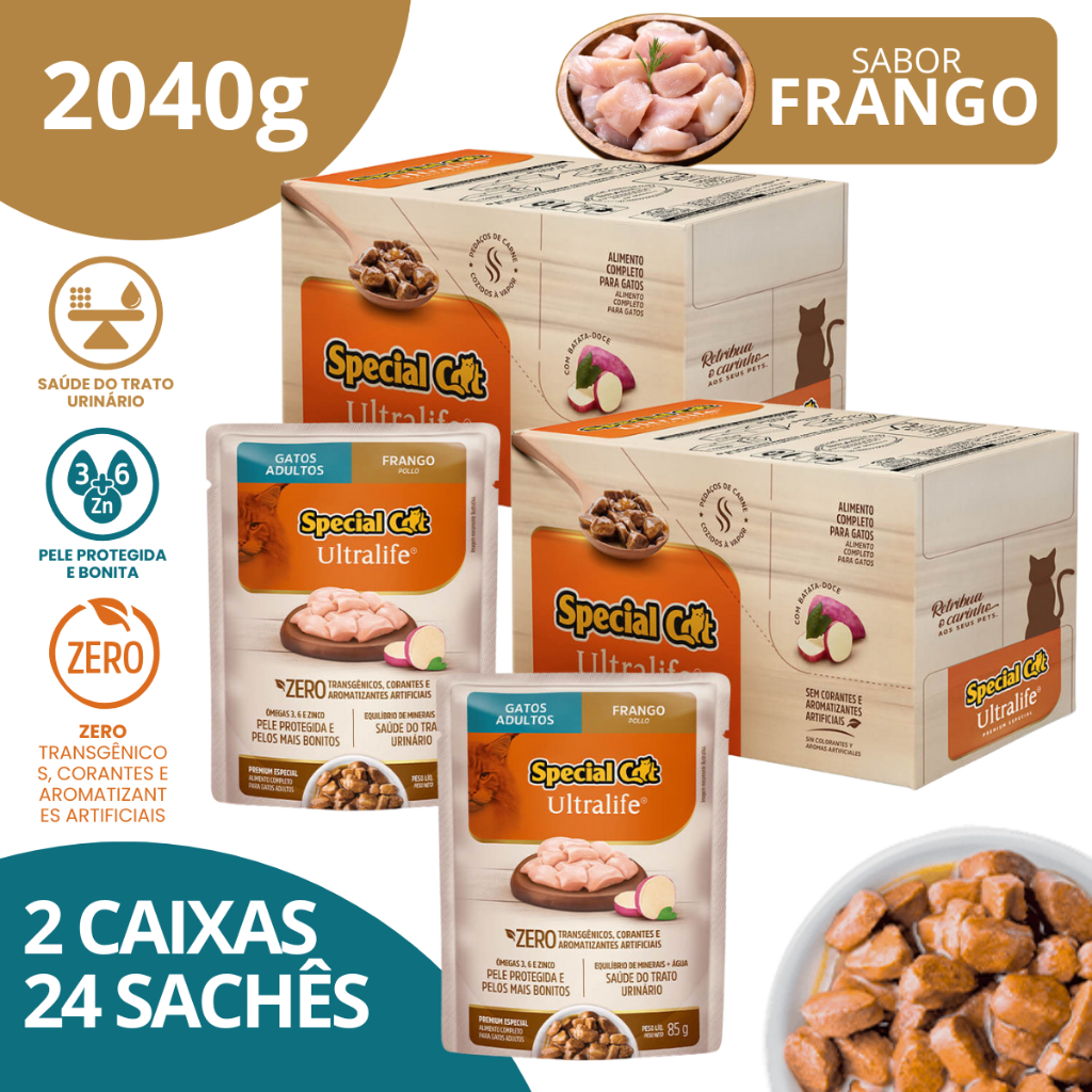 Kit 2 Caixa 12 Sachê Special Cat Ultralife Adultos Sabor Frango - 85g em Oferta na Shopee